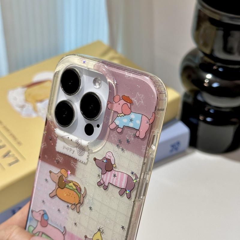 Perro salchicha de dibujos animados a cuadros de costura para Apple 15ProMax funda para teléfono móvil 16Pro brillo 14 femenino 13 nuevo 16P