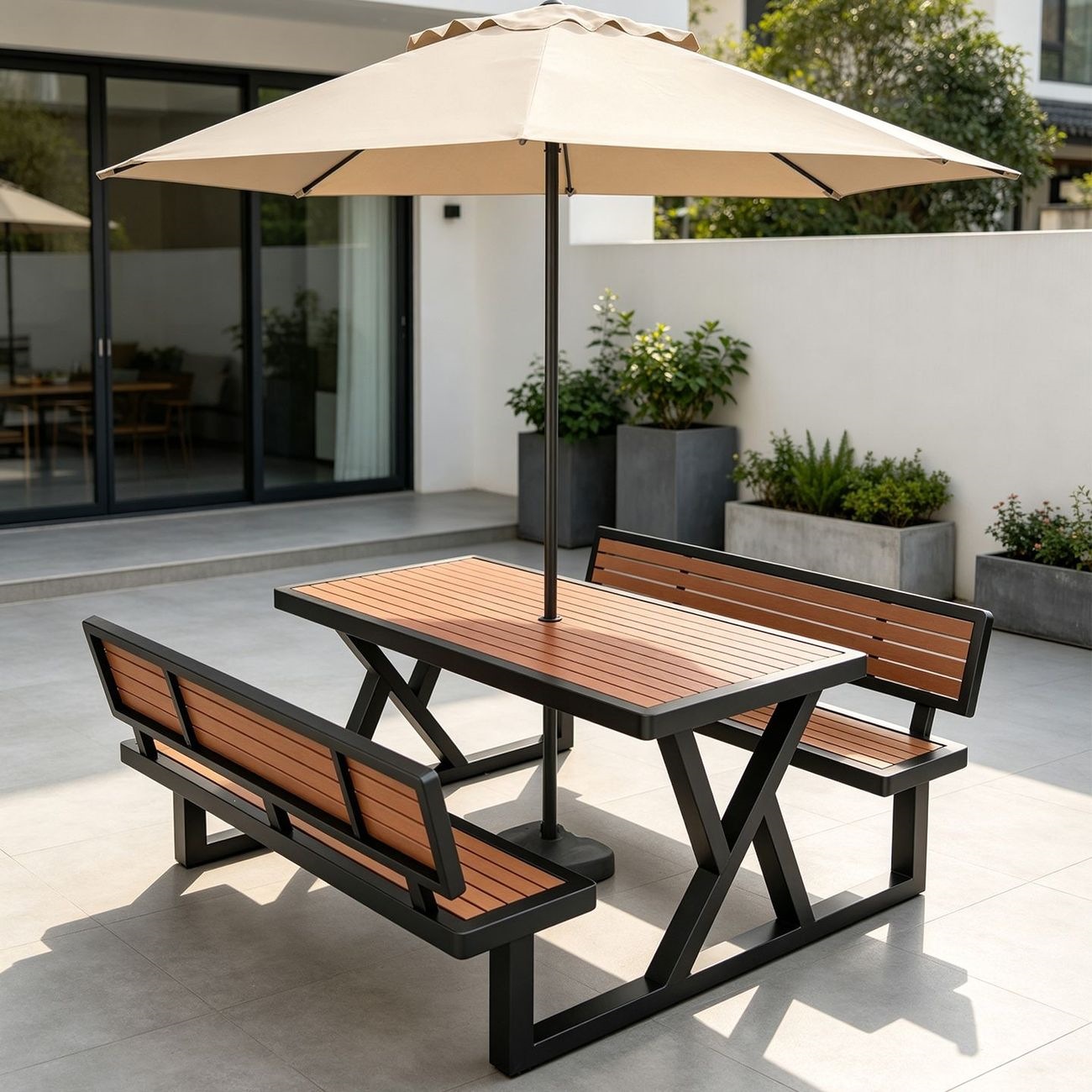 Outdoor balcony rainproof and sunproof integrated outdoor table and chair leisure furniture, outdoor plastic-wood integrated dining table and chairs