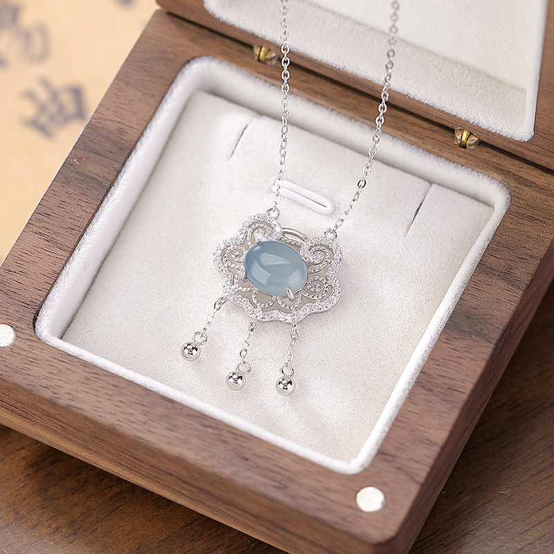 Mặt dây chuyền bạc S925 hình Ruyi rỗng đính đá ngọc lam và zircon tua rua — Bộ xích (bao gồm cả xích)