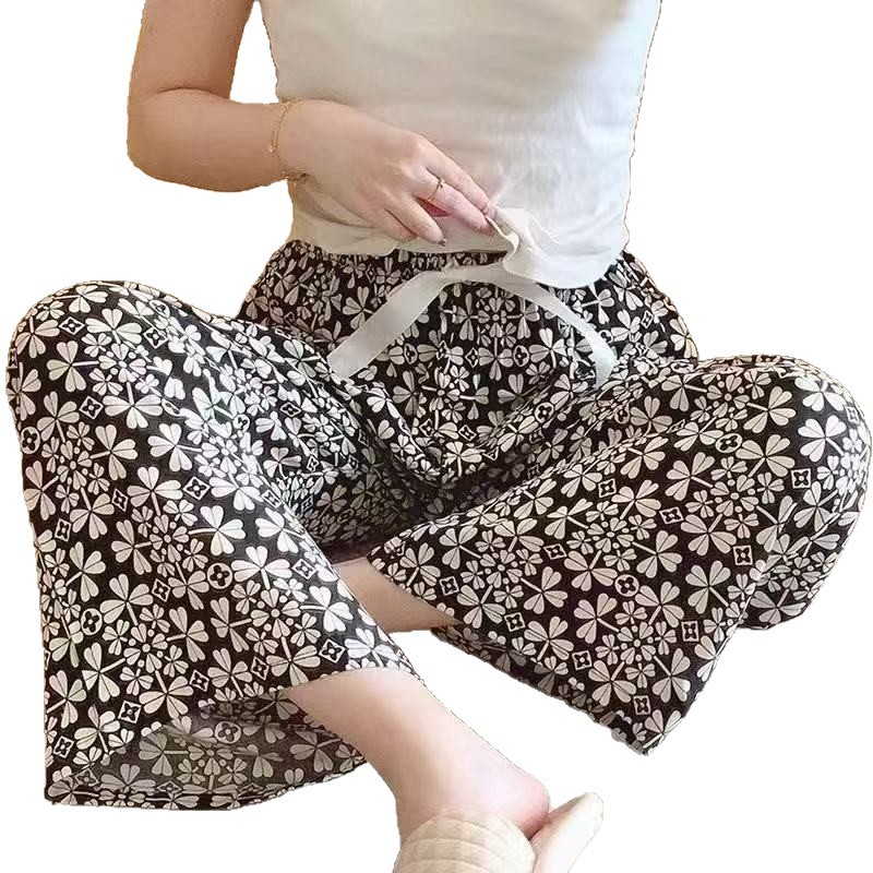 Pijama de seda de algodón para mujer, pantalones anchos de mujer embarazada de seda de algodón con estampado fino de verano