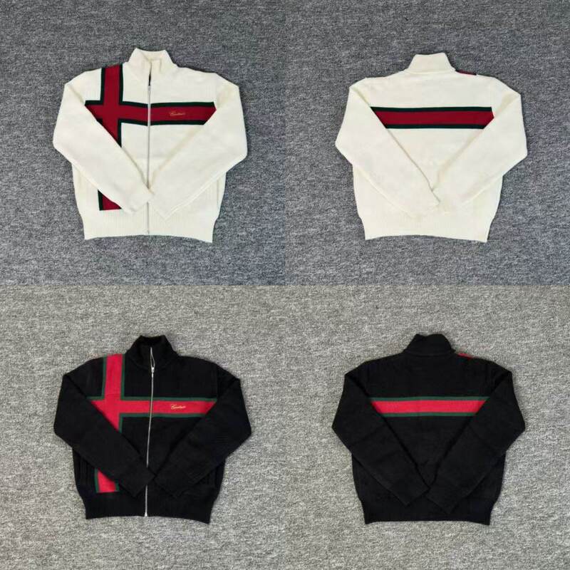 Trendy Corteiz Alcatraz Sweater with Embroidered Letters and Color Block Design, Unisex Loose Knitwear with Stand Collar for Autumn and Winter Trendy Corteiz Alcatraz Sweater with Embroidered Letters and Color Block Design, Unisex Loose Knitwear with Stand Collar for Autumn and Winter