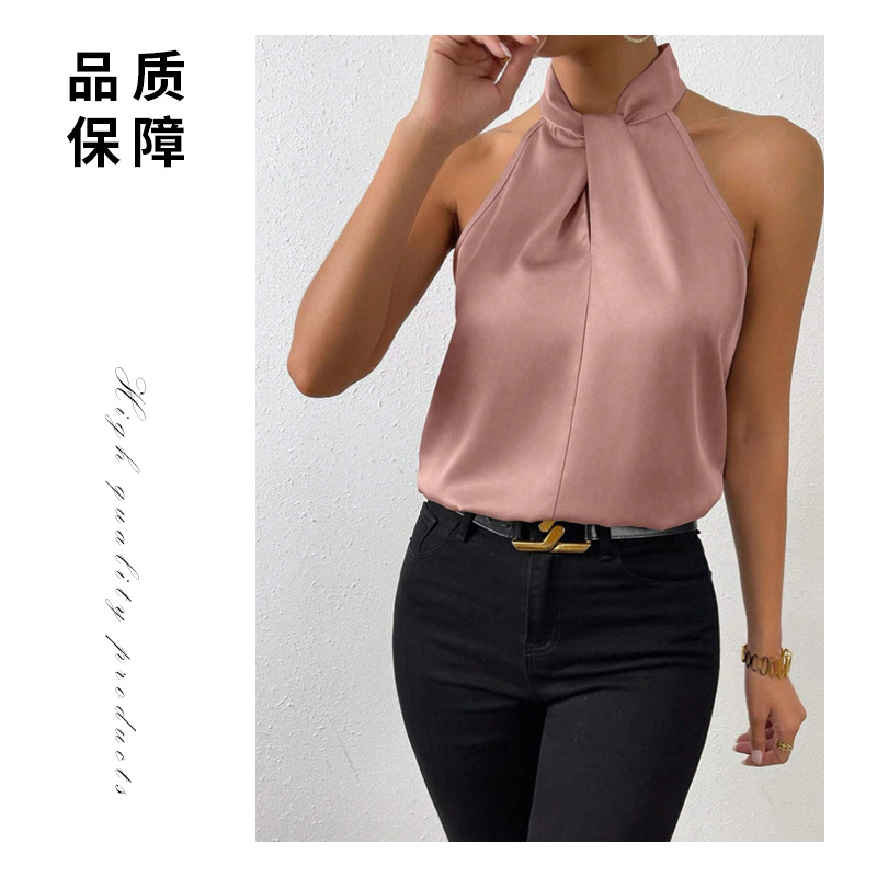2025 verano nuevo estilo de las mujeres europeas y americanas satén cuello halter sin mangas chaleco de seda de imitación satinado top spot al por mayor