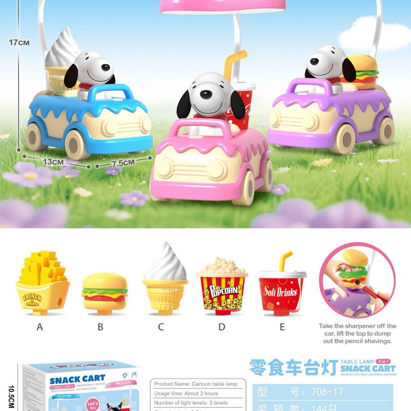 Cartoon New Cute Snack Cart Small Table Lamp with Pencil Sharpener Student High School Dormitory Desktop Decoration Night Light