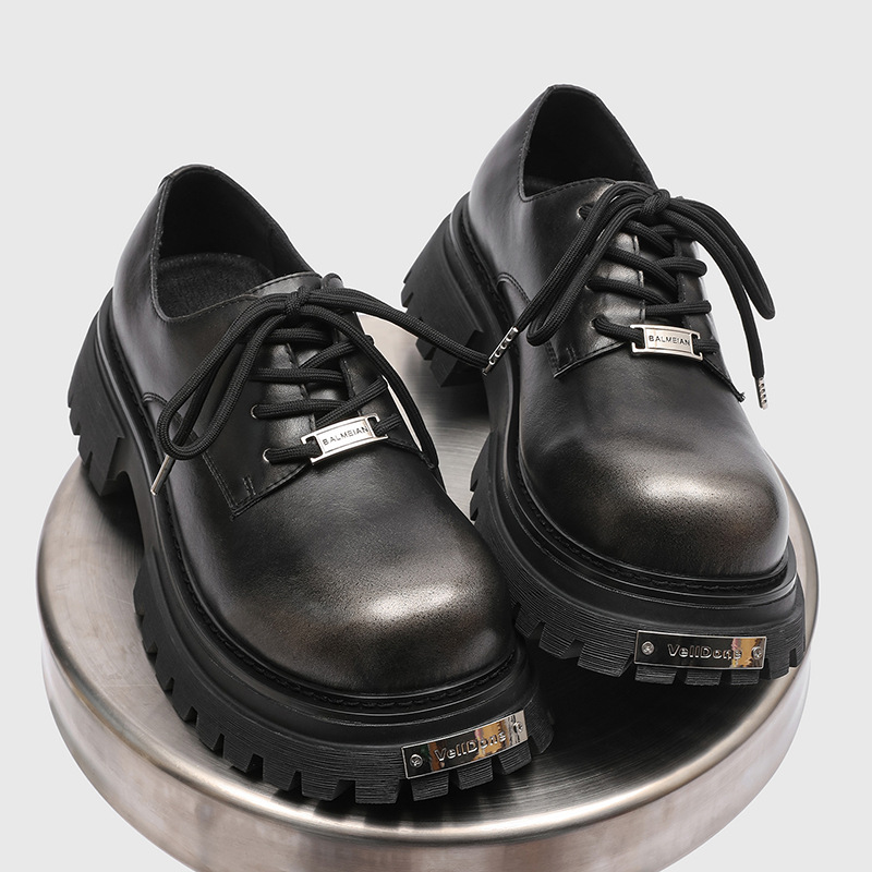 Men's Leather Shoes, New Style, Young People's Casual Shoes, Handsome and High-End Big-Toe Shoes, Black Thick-Soled Derby Shoes 106
