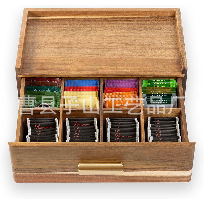 Nueva caja de almacenamiento de bolsas de té de madera Acacia caja de almacenamiento de artículos de té caja de té contenedor de estación de té caja de madera dividida