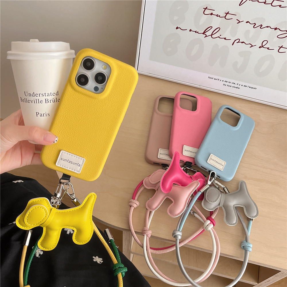 Perro salchicha de cuero de color sólido cuerda corta para iPhone 16ProMax funda para teléfono móvil 13 Apple 15 femenino 14 nuevo 16