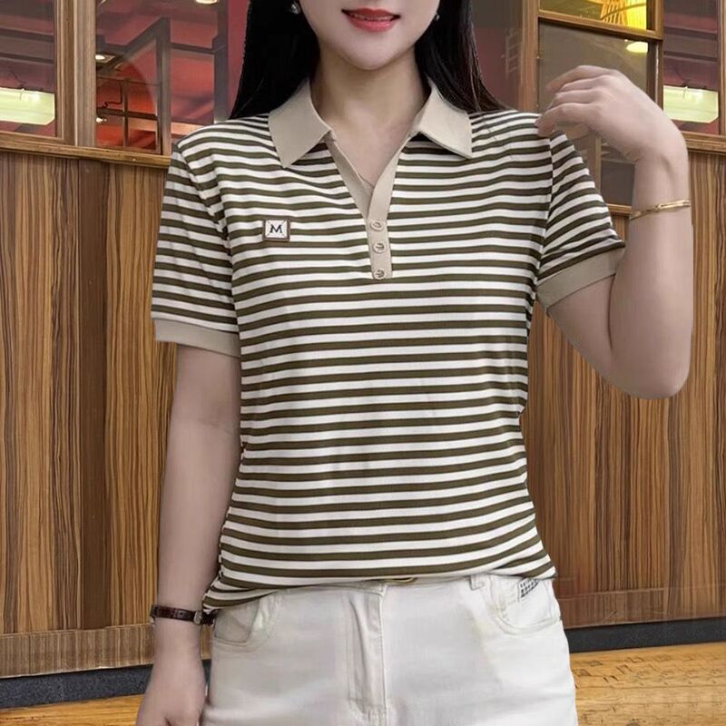 Summer Middle-Aged Mom's Short-Sleeved T-Shirt for Women, Stylish Striped Polo Shirt with a Turn-Down Collar, Loose Fit, Slimming and Flattering Top