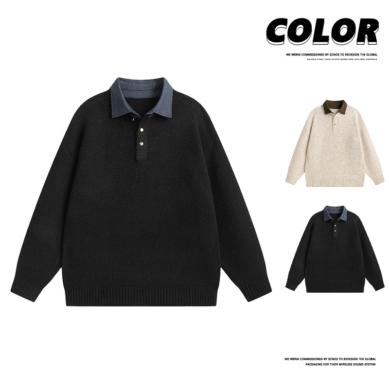 Cross-border wholesale high-density alpaca wool fake two-piece shirt-collar sweater for men, autumn and winter, high-quality, thickened, warm, skin-friendly, elastic