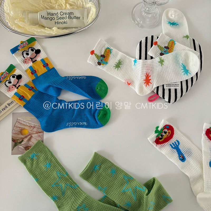 Spring and Summer Children's Cotton Socks, Thin Mesh Korean Style Mid-Calf Socks, Cartoon Socks for Boys and Girls, Trendy Boys' Socks