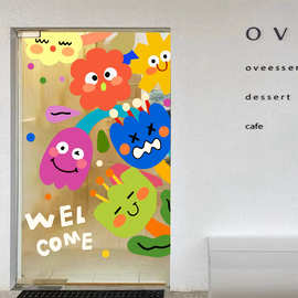 ins网红表情花朵插画贴纸拍照背景打卡墙玻璃门橱窗静电贴纸窗花