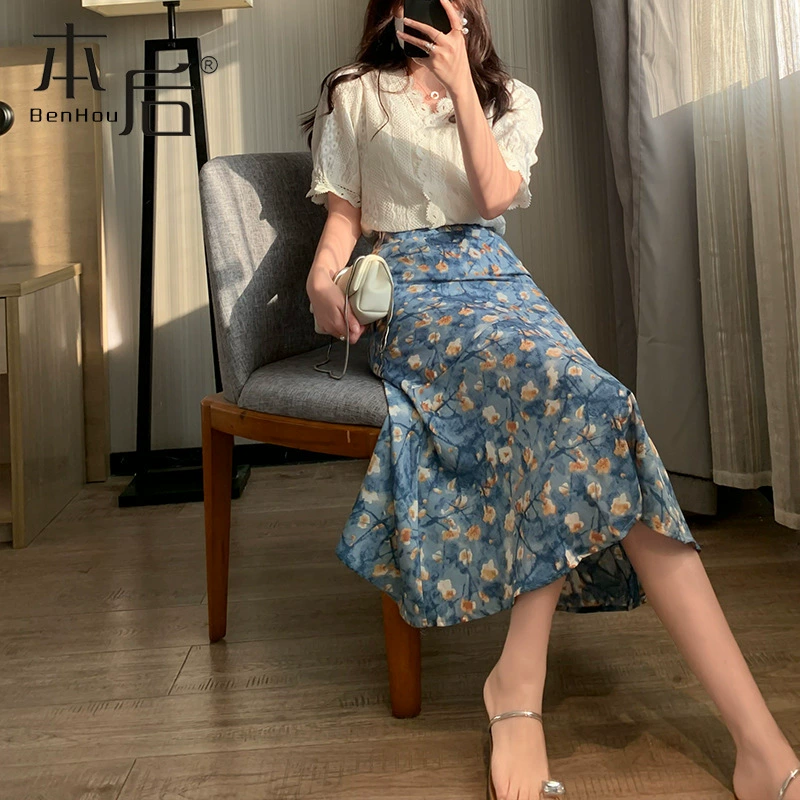 Тонкая юбка в стиле масляной живописи с цветочным принтом, летняя женская юбка средней длины, новинка 2024 года, тонкая юбка с высокой талией, шифоновый цвет