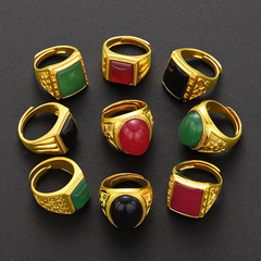Premium 24K Gold Plated Ring for Men - Brass Vietnamese Shrimp Gold Jewelry with Agate Gemstone Open Ring