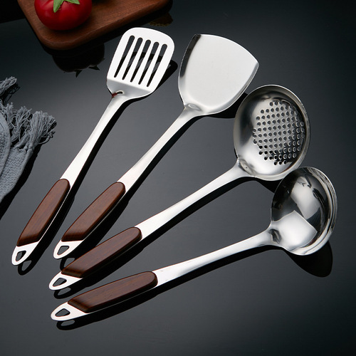 Stainless Steel Spatula and Spoon Set | Complete Kitchenware Collection | Household Stir-Fry Tools – Spatula, Spoon, and Strainer | Artistic Woodgrain Series