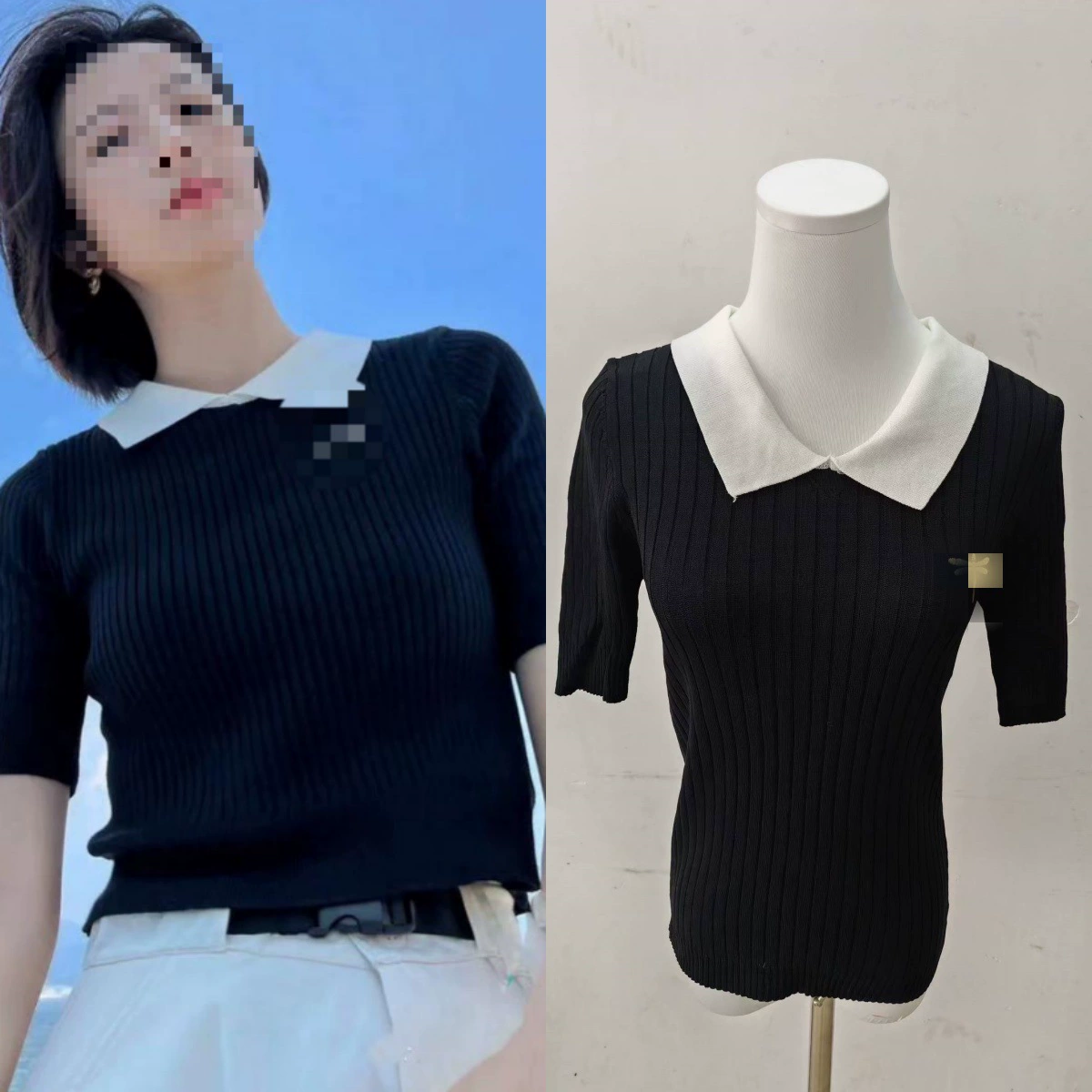 Love Only Liang You An Zhou Yu Tong Тот же стиль Стрекоза вышитая лацканами Вязаный короткий рукав Свободный короткий топ для похудения