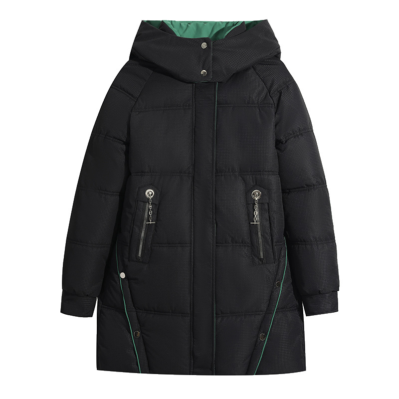 2025 invierno nuevo estilo de moda de color combinado para viajar tamaño grande relajado versátil medio y largo chaqueta de algodón caliente con capuzas image 5