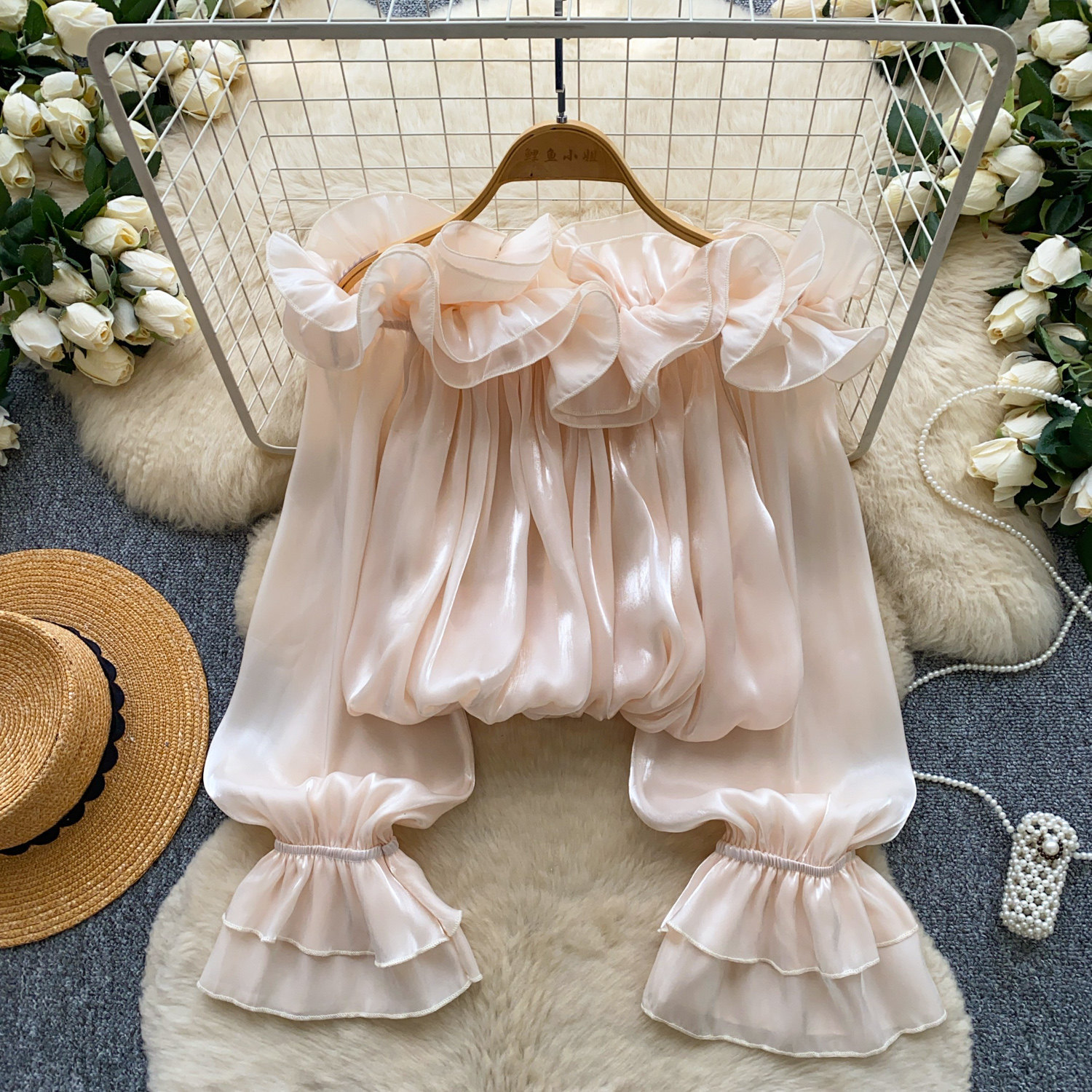 Sweet Off-Shoulder Chiffon Blouse Ruffled Trim Korean Style Long Sleeves Loose Fit Slimming Pink Elegant Top for Summer Women's Clothing_ecoleips.com
