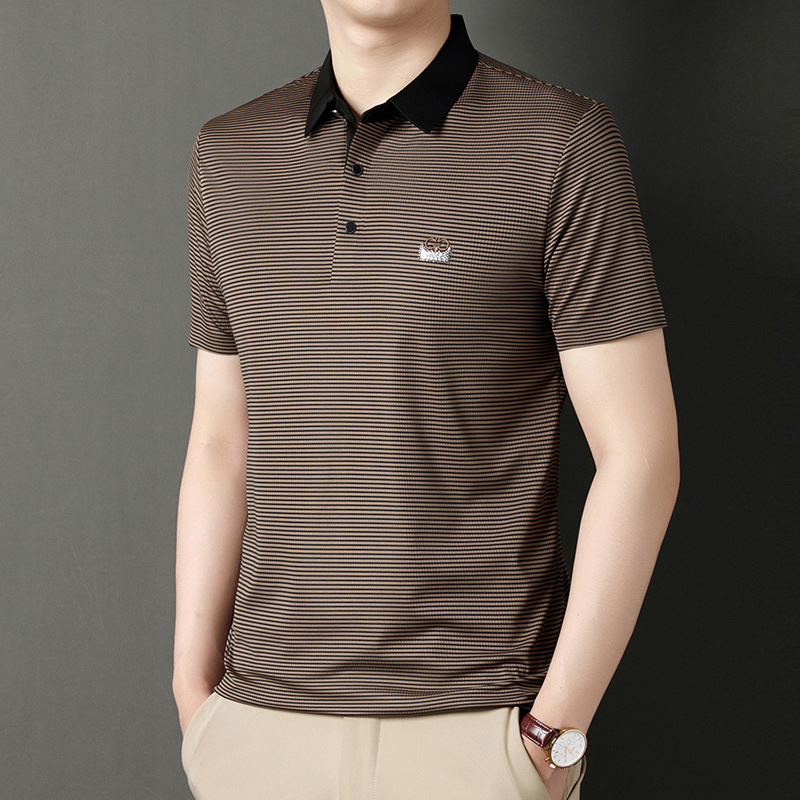 Light Mature Summer Men's Lapel Short-sleeved Casual Striped Men's Non-ironing All-match Men's Half-sleeved
