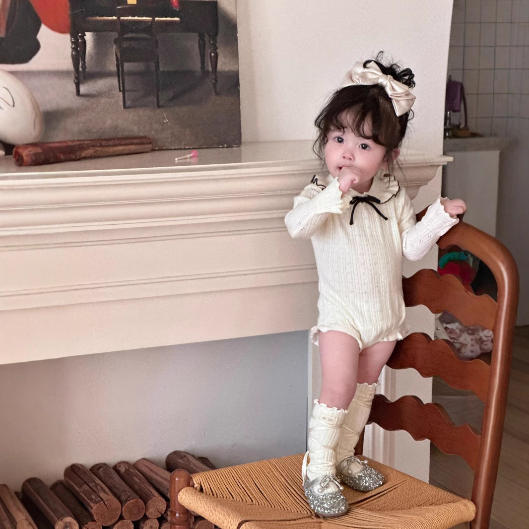 Cutemily Baby Girl Knitted Jumpsuit with Lotus Leaf Lapel Climbing Suit Women's Thin Spring and Autumn Horn Sleeve Triangle Ha-ha Suit