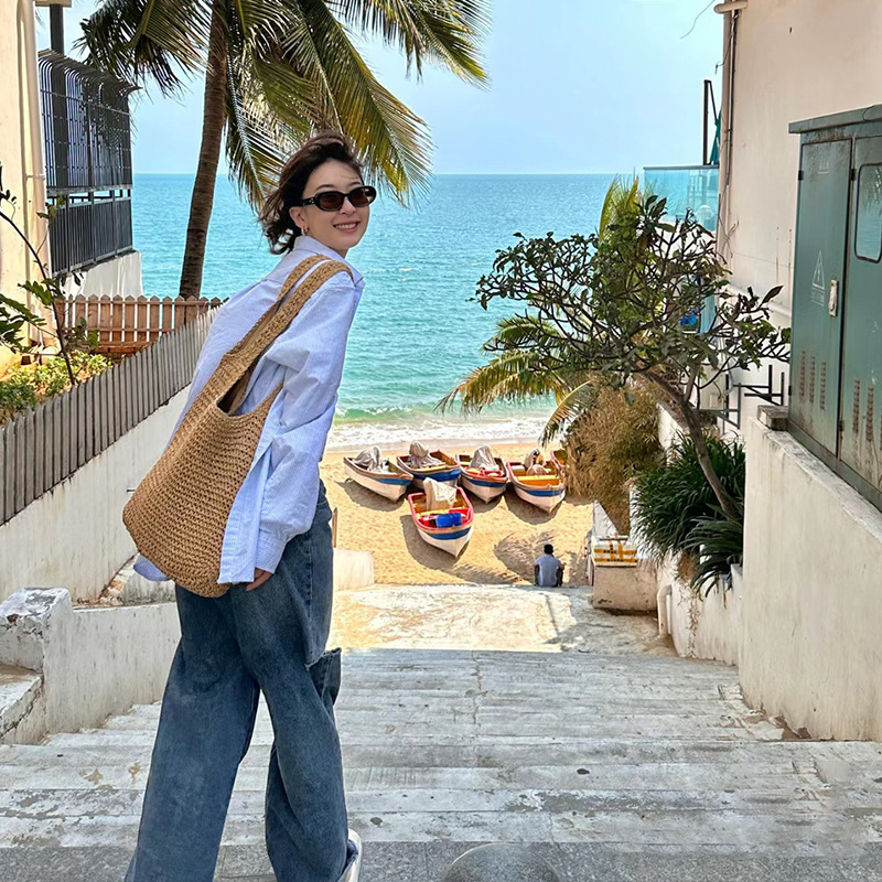 Summer Single Shoulder Large Capacity Crossbody Straw Bag Women's Summer Canvas Bag Seaside Holiday Beach Woven Bag Straw Woven Bag