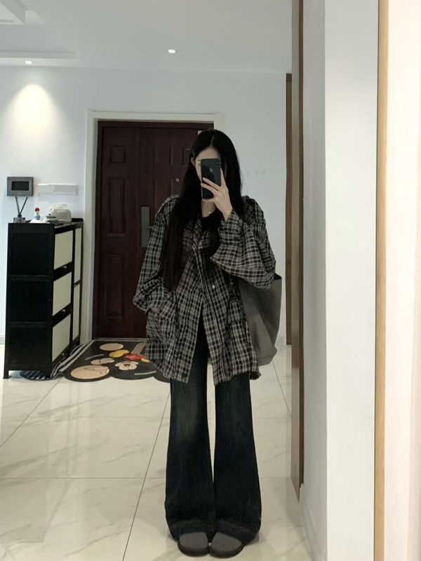 韩版宽松复古格子外套女2025春秋季新款慵懒风工装开衫上衣高级感|undefined