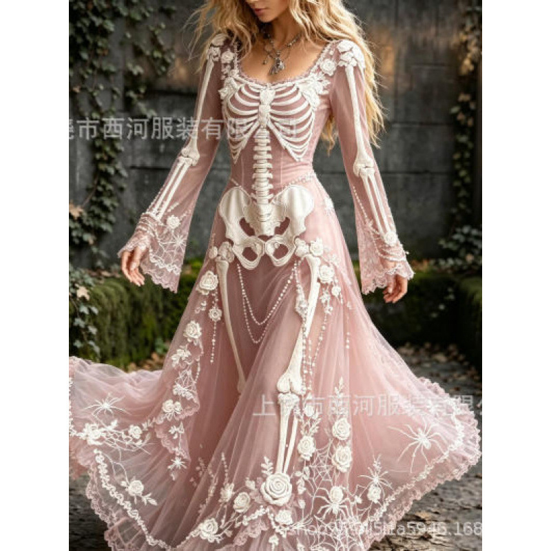 Women's Vintage Gothic Skull and Rose Gradient Pattern Dress Long Halloween Dress Women's Vintage Gothic Skull and Rose Gradient Pattern Dress Long Halloween Dress