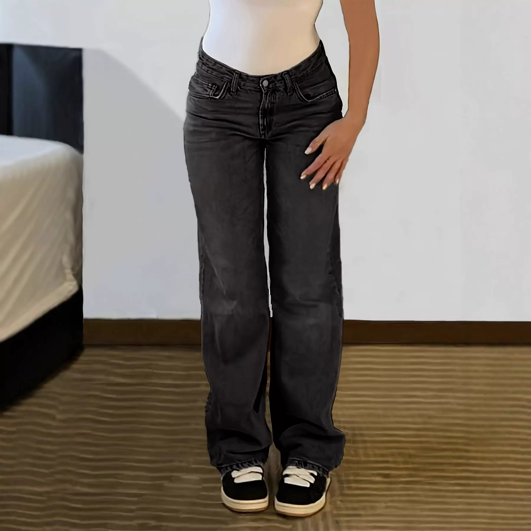 美式复古炒花黑灰色阔腿牛仔裤女欧美跨境高腰宽松显瘦直筒长裤