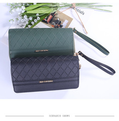 跨境錢包女士長款雙拉鏈手拿包時尚格紋多功能雙層錢夾零錢手機包