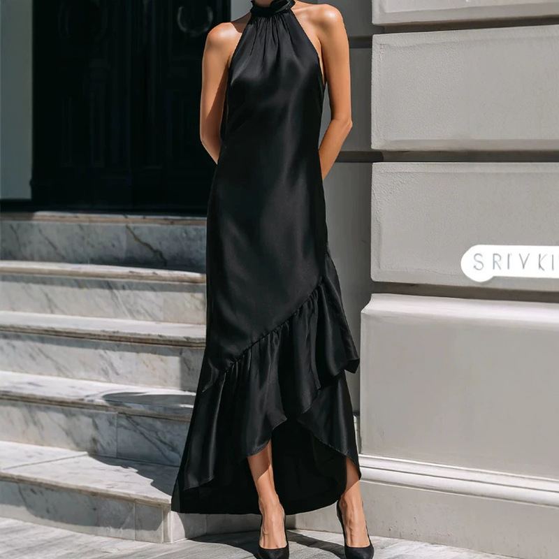 2026 Summer New Style Elegant Backless Asymmetrical Ruffled Long Dress with Tie Straps