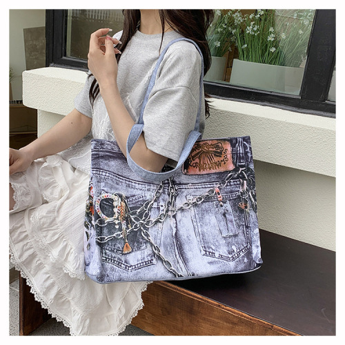 Hottest trend digital fabric bag, versatile casual large capacity light luxury chain denim single shoulder shopping tote bag
