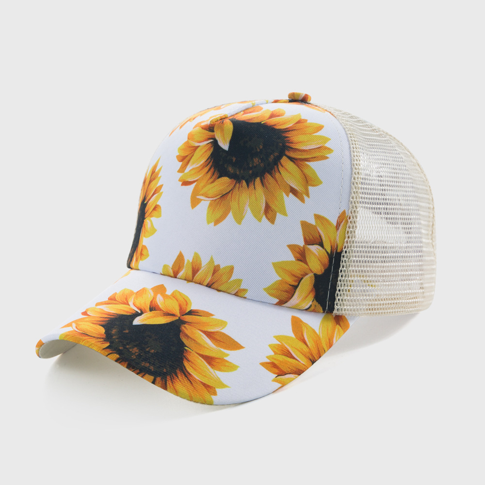 New Baseball Cap Fashion Sunflower Printed Cross Ponytail Mesh Hat Sun-poof Peaked Cap display picture 1