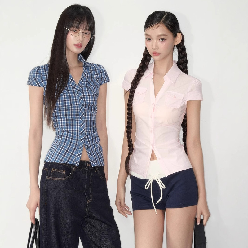 American Retro Plaid Short-Sleeved Shirt for Women Summer 2025 New Slim Fit Waist Sweet Sexy Shirt Top