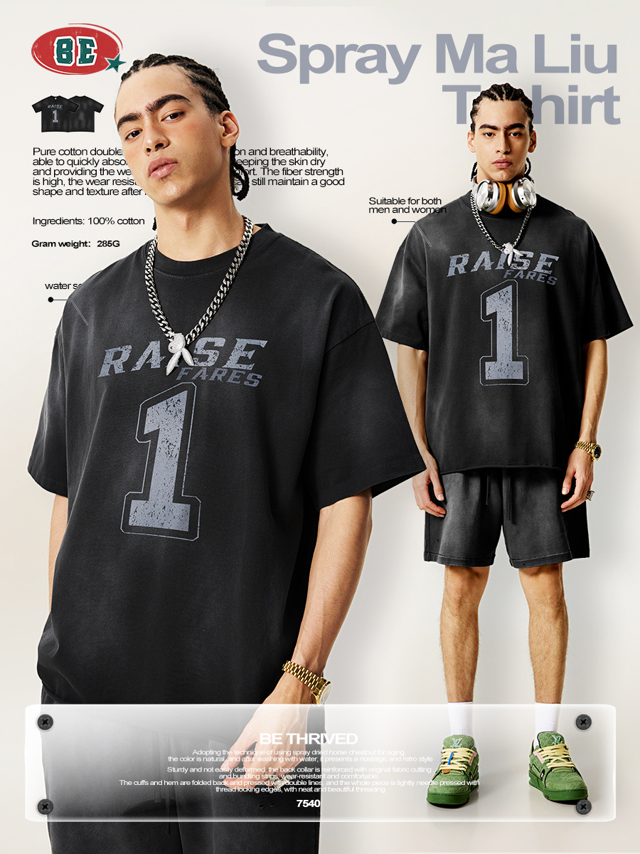 Be Hombres| 2025 verano americano retro sensación de diseño impresa camiseta de manga corta con camiseta de goma negra pesada ropa de moda para hombres