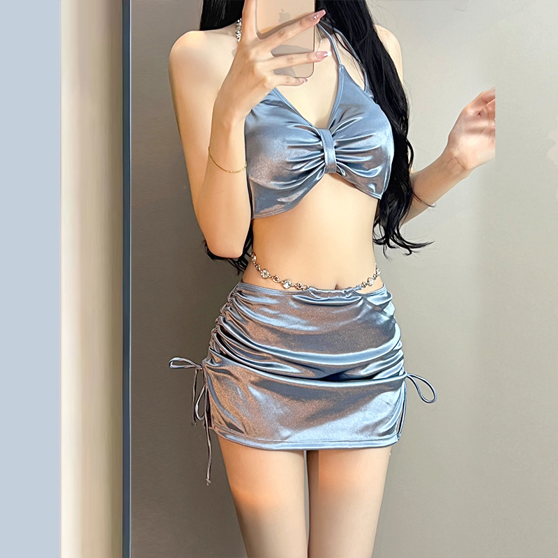泳衣女款分體三件套比基尼純色氣質性感露背泡溫泉時尚泳衣bikini