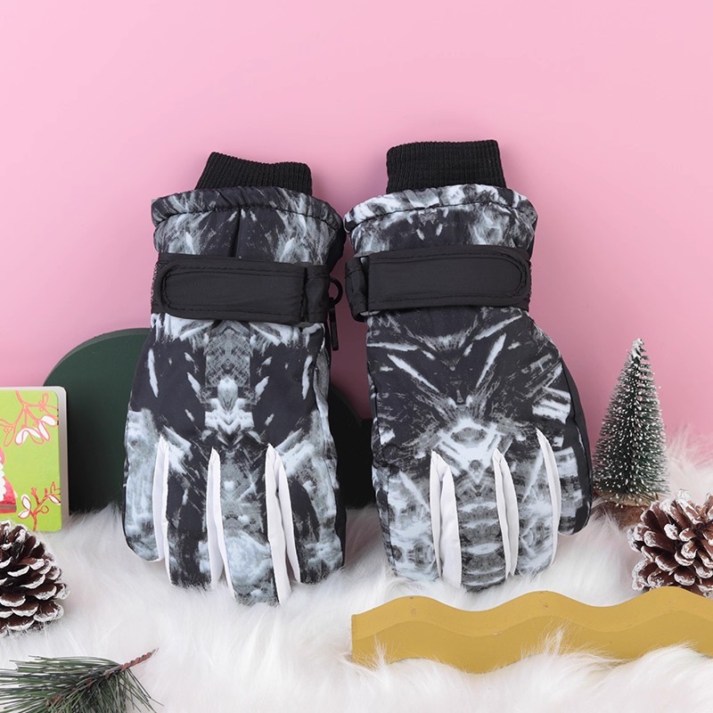 Invierno hombres y mujeres a prueba de frío forrado de lana engrosada de algodón impermeable antideslizante cálido ciclismo al aire libre blanco graffiti guantes de esquí