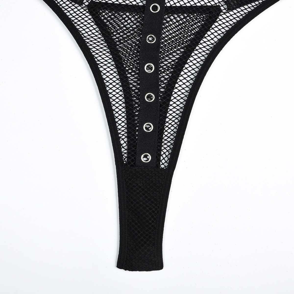 Sensual censored fishnet bodysuit with intricate hollow-out design