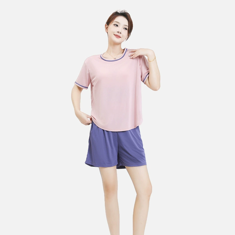 Thin set, summer silk top with cups, pijama, with short sleeve, plus size
