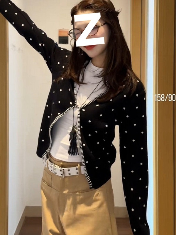 韩系波点软糯开衫毛衣外套女春秋小个子外搭显瘦黑色短款针织上衣|undefined