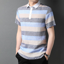 100亞麻polo衫青年男裝夏季半袖中國風體恤唐裝條紋復古t恤B5239