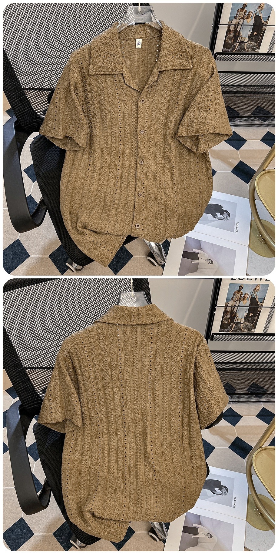 Men's Clothing Men's Thin Casual Cardigan Shirt Summer Trendy Loose Retro Cuban Collar Half Sleeve Wrinkle Resistant Hollowed Out Design_viptrois.com