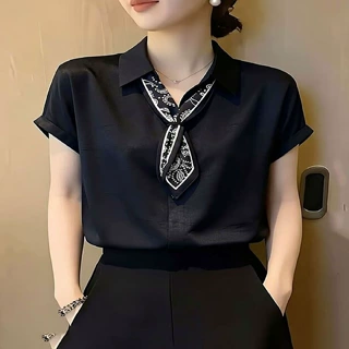 黑色翻领系带丝巾短袖衬衫女夏大码百搭轻奢时尚显瘦气质减龄上衣