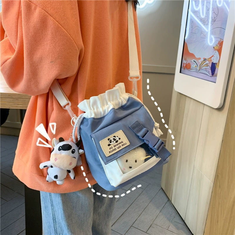 Милая холщовая сумка-ведро для женщин, новинка 2024, сумка через плечо в японском стиле для девочек, модная студенческая прозрачная сумка через плечо в корейском стиле