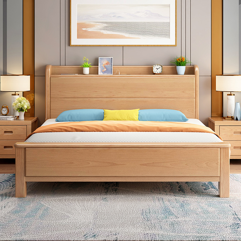 Nordic Solid Wood Bed, Beech Wood, Simple Style, 1.2m/1.35m, Bedroom Double Furniture, Small Apartment High Box Storage Bed