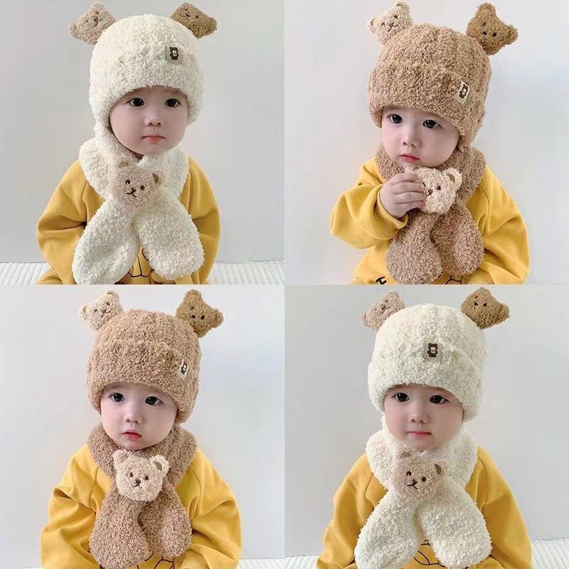 Baby Hat Autumn and Winter Plush Scarf Two Piece Set for Baby Boys and Girls, Little Bear Cute and Warm, Thickened Toddler Hat