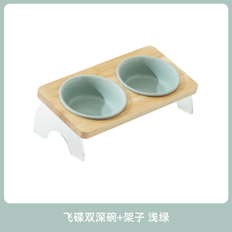 Tazón de cerámica para gatos Corea del Sur Tazón para mascotas antidetonantes gato perro tazón de comida soporte cervical tazón de agua doble tazón boca oblicua estante de madera maciza