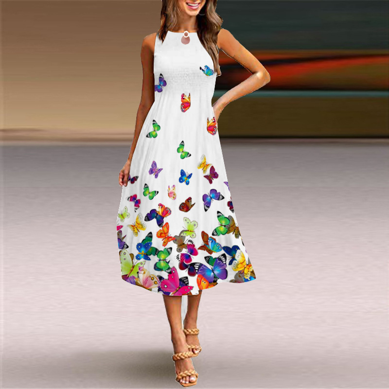 2022 Cross-Border European and American New Sleeveless Long Dress Women's Casual Printed Swing Skirt Bohemian Beach Long Skirt