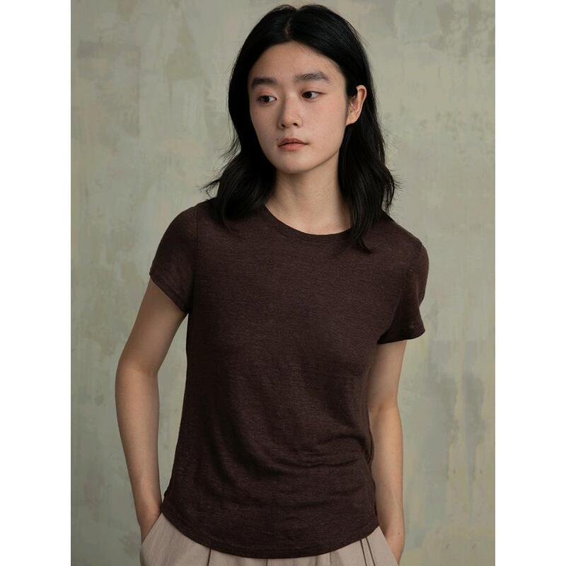 Trendy and Versatile Hemp T-Shirt with Regular Shoulders, Solid Color Short Sleeves, New Summer Coffee Color Top for Women, Casual and Versatile