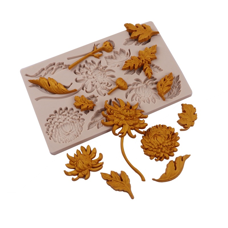 Nueva decoración de chocolate crisantemo flor fondant molde silicona DIY hoja tallo pastel epoxi