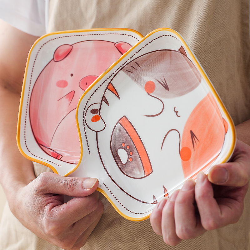 Creativo lindo mascota vajilla de cerámica placa lindo animal hogar mango placa para hornear tazón de arroz comer tazón conjunto