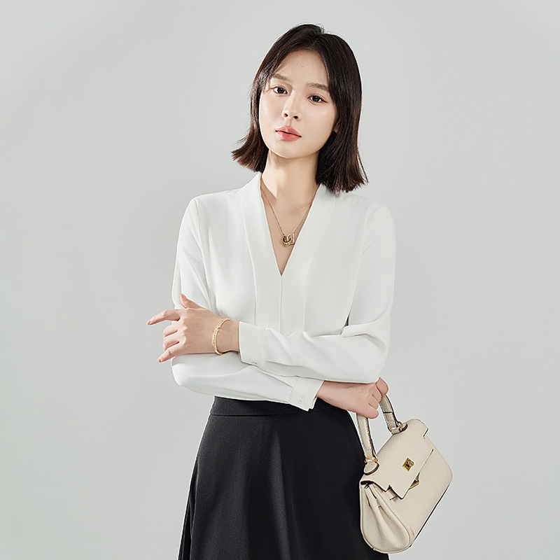 艾轩 白衬衫女长袖V领衬衣2025夏西装内搭气质正装套装雪纺上衣秋|undefined