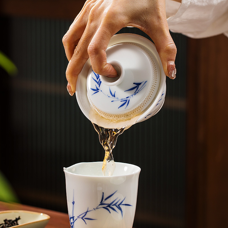 陶瓷青竹手繪三才蓋碗羊脂玉白瓷茶碗高檔家用功夫茶具套裝禮盒裝